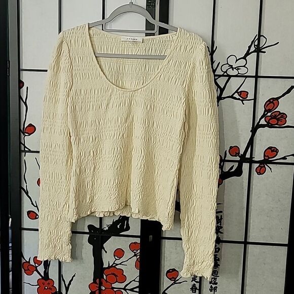 FRAME Smocked Scoop Neck Top Long Sleeve Cream Bone Stretch - Picture 3 of 10